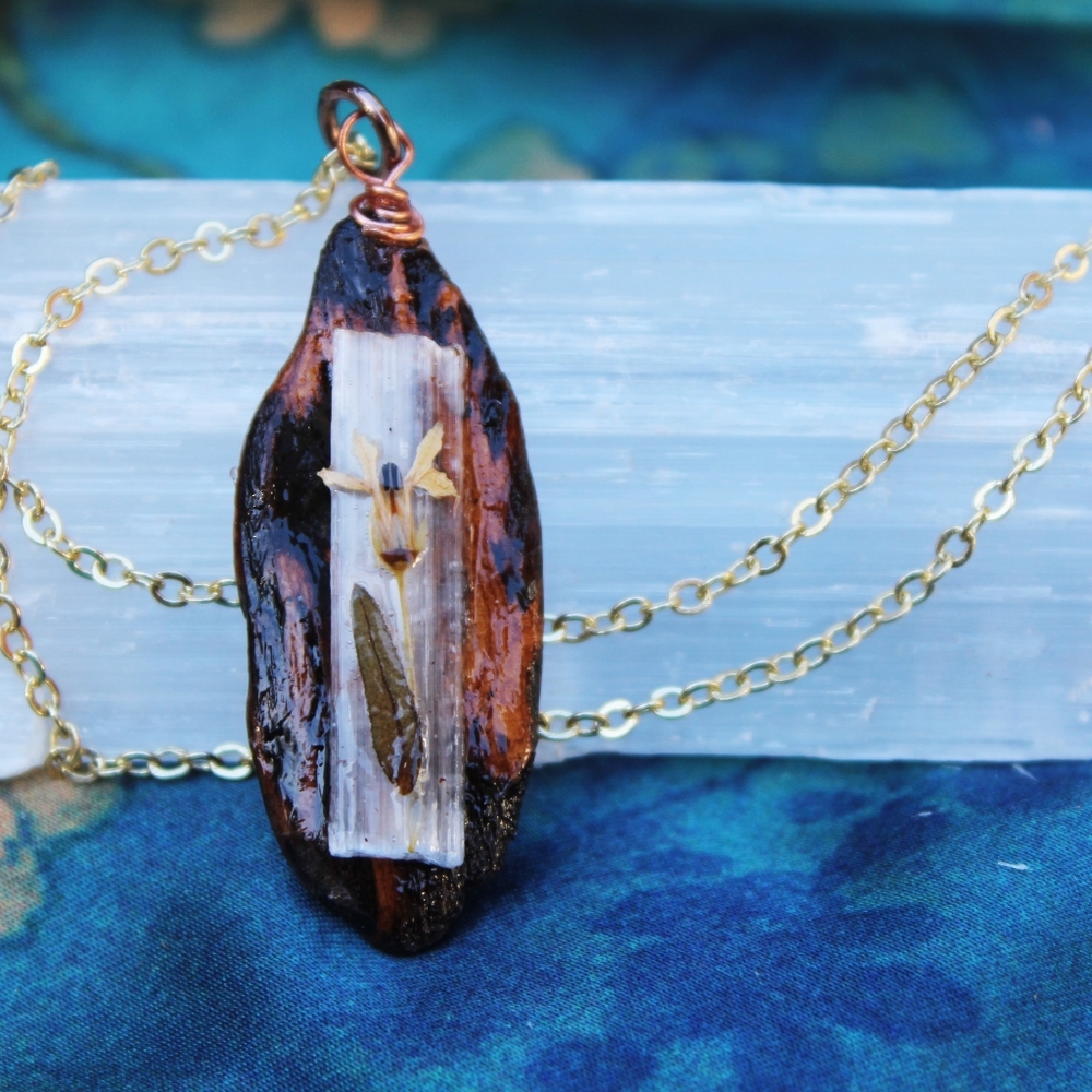 Selenite & wildflower driftwood necklace pendant, charm, unique, handmade